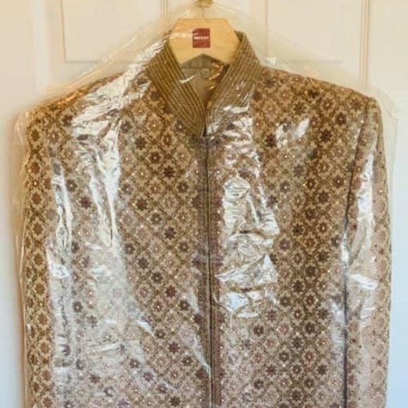 Gold and Brown Jacket with Unique Design  Navabi shervani with jardosi work - Picture 1 of 4